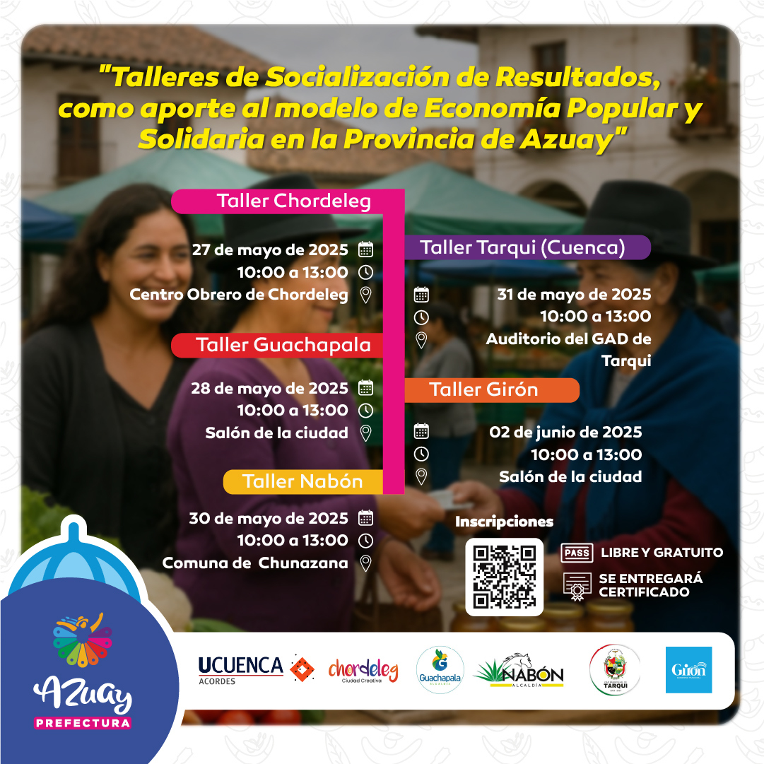💬 ¡El Azuay se escucha a sí mismo!

Organizaciones y actores de la #EPS están convocados a Talleres de Socialización de Resultados del Modelo EPS en Chordeleg, Guachapala, Nabón, Tarqui y Girón.

🔗 Inscríbete: forms.gle/jC5spCjDrrrWUH…

#UCUENCA #AzuayPrefectura #AcordesUCuenca