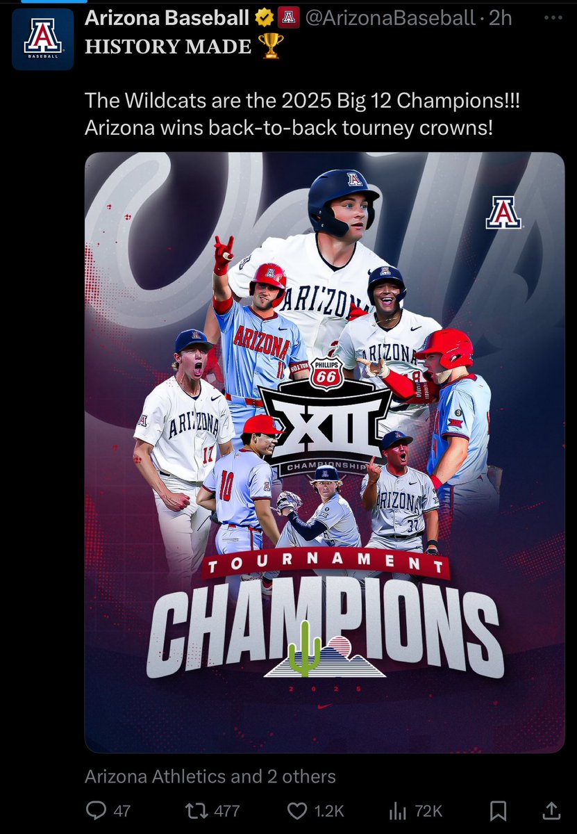 RedditCFB's tweet photo. Arizona Baseball has pulled off an unusual feat that may never be repeated, and will spend the next 12 months as the reigning champs of 2 separate D1 Baseball conference tournaments. https://t.co/PSrIxhFKKv