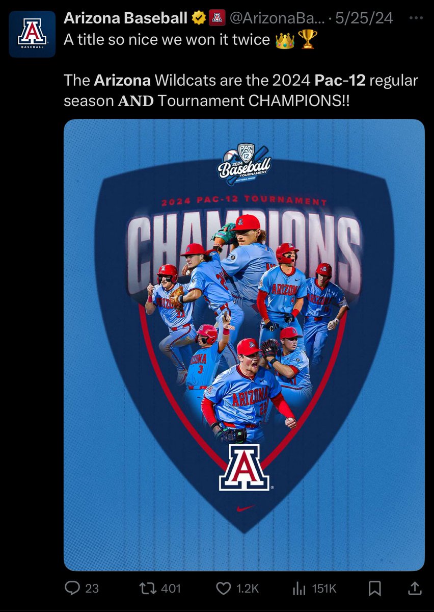 RedditCFB's tweet photo. Arizona Baseball has pulled off an unusual feat that may never be repeated, and will spend the next 12 months as the reigning champs of 2 separate D1 Baseball conference tournaments. https://t.co/PSrIxhFKKv