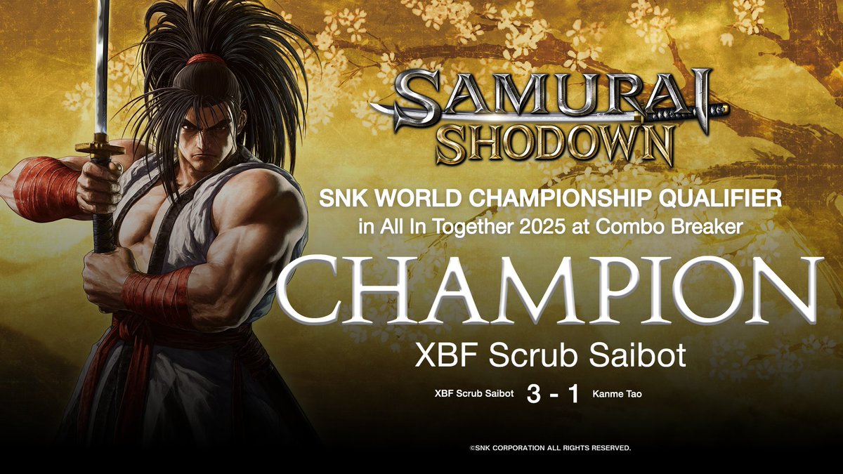SNK esports official (@snk_esports_hub) on Twitter photo 🏆 THREE. TIME. CHAMPION.🏆
<a href="/ScrubSaibot/">XBF | Scrub Saibot</a> cements his legacy at Combo Breaker for the third consecutive time.
#SamuraiShodown #SWC2025 #CB2025 🏆 THREE. TIME. CHAMPION.🏆
<a href="/ScrubSaibot/">XBF | Scrub Saibot</a> cements his legacy at Combo Breaker for the third consecutive time.
#SamuraiShodown #SWC2025 #CB2025