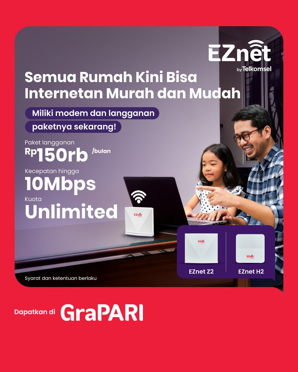 Kalo internet rumah semudah ini dipasang dan sehemat ini di kantong, ngapain mikir dua kali? EZNet-in aja rumah kamu! 😉

Cuma Rp150.000 per bulan, kamu udah bisa nikmatin internet 10 Mbps dengan kuota unlimited. Best deal banget buat nemenin semua aktivitas online kamu selama di