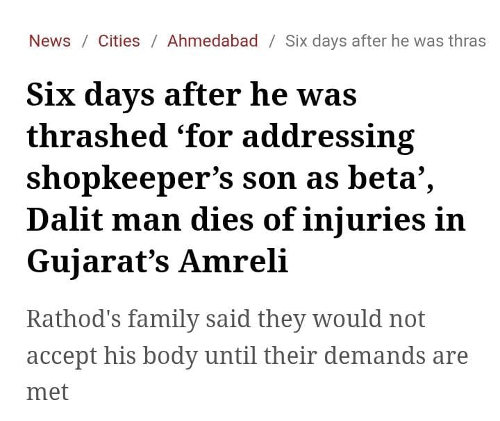 All India Trinamool Congress (@aitcofficial) on Twitter photo A Dalit man in Gujarat’s Amreli was BEATEN for calling a shopkeeper’s son “beta”. After 6 days of pain, he DIED from his injuries.
This is happening in PM <a href="/narendramodi/">Narendra Modi</a>’s own state. This is the 'Gujarat Model'? A model built on caste violence, hate, and silence.
<a href="/India_NHRC/">NHRC India</a> A Dalit man in Gujarat’s Amreli was BEATEN for calling a shopkeeper’s son “beta”. After 6 days of pain, he DIED from his injuries.
This is happening in PM <a href="/narendramodi/">Narendra Modi</a>’s own state. This is the 'Gujarat Model'? A model built on caste violence, hate, and silence.
<a href="/India_NHRC/">NHRC India</a>