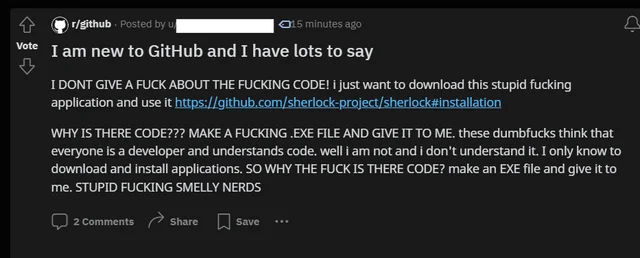 RhysSullivan's tweet photo. this is how i feel about being told to pip install software that should be brew installed https://t.co/JVgXhIGuQb