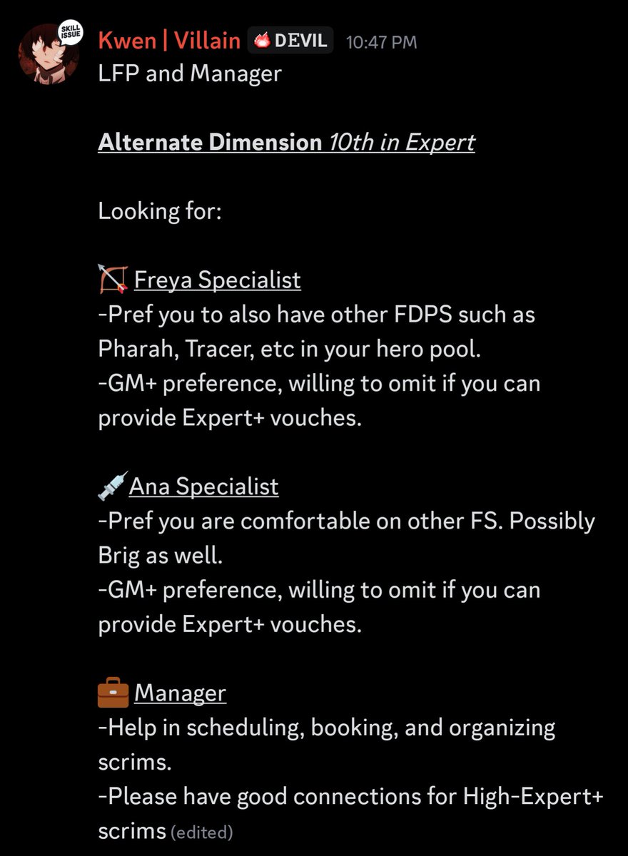 LFP, dps and support specialists, also looking for a manager. High expert.

Discord is sagyeoksu.