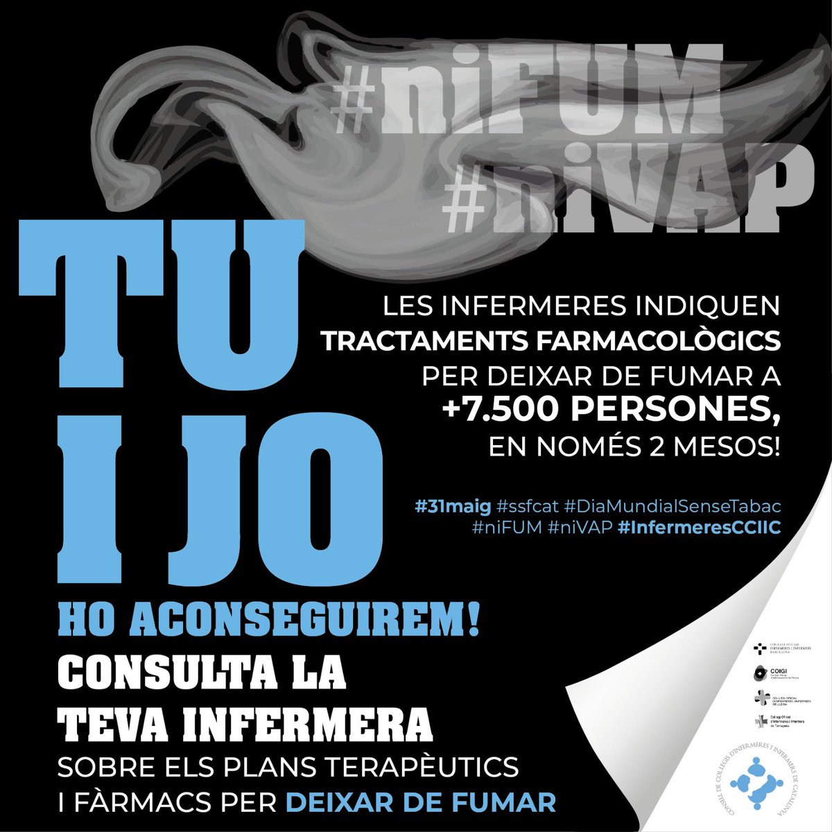 Consell d’Infermeres (@infermerescat) on Twitter photo En només 2 mesos, les infermeres ja hem indicat tractament farmacològic per deixar de fumar a #7500 persones.
#31maig #ssfcat #DiaMundialSenseTabac #niFUM #niVAP #InfermeresCCIIC
<a href="/COIBarcelona/">Col·legi d'Infermeres i Infermers de BCN (COIB)</a> <a href="/COIGIrona/">Col·legi Oficial d'Infermeres/ers de Girona</a> <a href="/InfLleidaCOILL/">InfermeresLleidaCOILL</a> <a href="/codita_tgn/">Codita Tarragona</a> <a href="/XarxaCHsF/">Xarxa Catalana d'Hospitals sense Fum</a> <a href="/SumaSalutASPCAT/">SumaSalut</a> <a href="/TobControlUnit/">Tobacco Control Unit (ICO-IDIBELL)</a> En només 2 mesos, les infermeres ja hem indicat tractament farmacològic per deixar de fumar a #7500 persones.
#31maig #ssfcat #DiaMundialSenseTabac #niFUM #niVAP #InfermeresCCIIC
<a href="/COIBarcelona/">Col·legi d'Infermeres i Infermers de BCN (COIB)</a> <a href="/COIGIrona/">Col·legi Oficial d'Infermeres/ers de Girona</a> <a href="/InfLleidaCOILL/">InfermeresLleidaCOILL</a> <a href="/codita_tgn/">Codita Tarragona</a> <a href="/XarxaCHsF/">Xarxa Catalana d'Hospitals sense Fum</a> <a href="/SumaSalutASPCAT/">SumaSalut</a> <a href="/TobControlUnit/">Tobacco Control Unit (ICO-IDIBELL)</a>