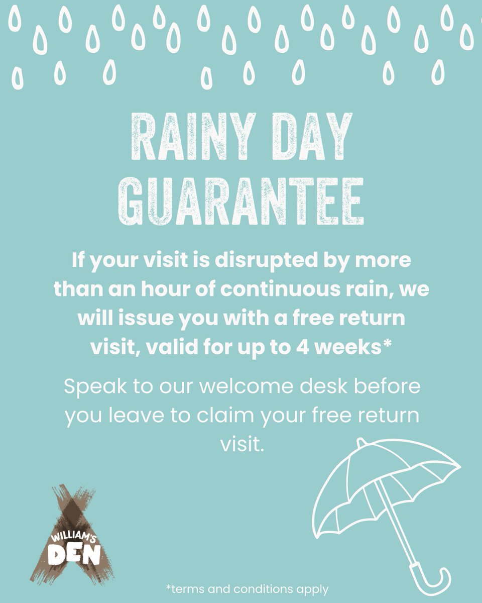 This May Half Term, we’re bringing the adventure - rain or shine!

If it rains continuously for one hour during your visit, just pop over to the Welcome Desk to claim your Rainy Day Return Token. This gives you free entry for an all-day adventure play visit in June!