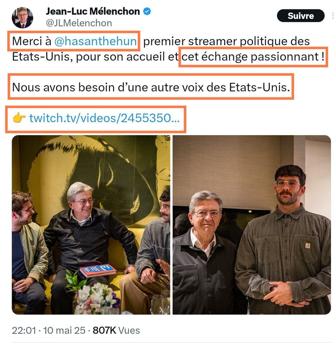 Halte à la Connerie (@halteconnerie) on Twitter photo 🔴L'ami américain de <a href="/JLMelenchon/">Jean-Luc Mélenchon</a>, Hasan Piker, a été suspendu de Twitch pour "traitement inapproprié de propagande terroriste" : cette "autre voix des E.-U." dont on a "besoin" selon JLM qui le remerciait pour un "échange passionnant" sur ... Twitch 🤦
1/2⬇️ 🔴L'ami américain de <a href="/JLMelenchon/">Jean-Luc Mélenchon</a>, Hasan Piker, a été suspendu de Twitch pour "traitement inapproprié de propagande terroriste" : cette "autre voix des E.-U." dont on a "besoin" selon JLM qui le remerciait pour un "échange passionnant" sur ... Twitch 🤦
1/2⬇️