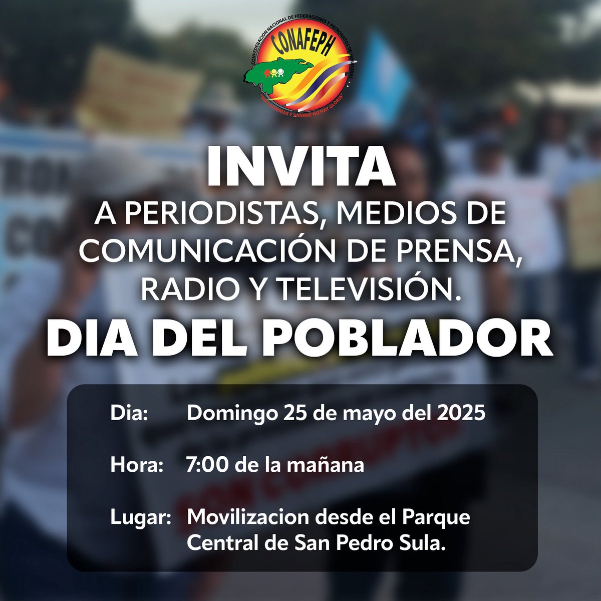 Convocatoria a Medios de Comunicación

Invitamos a todos los medios nacionales e internacionales a dar cobertura a nuestra movilización en protesta, en el marco del Día del Poblador Hondureño, establecido por Decreto Legislativo 78-2004 como reconocimiento a la lucha histórica de