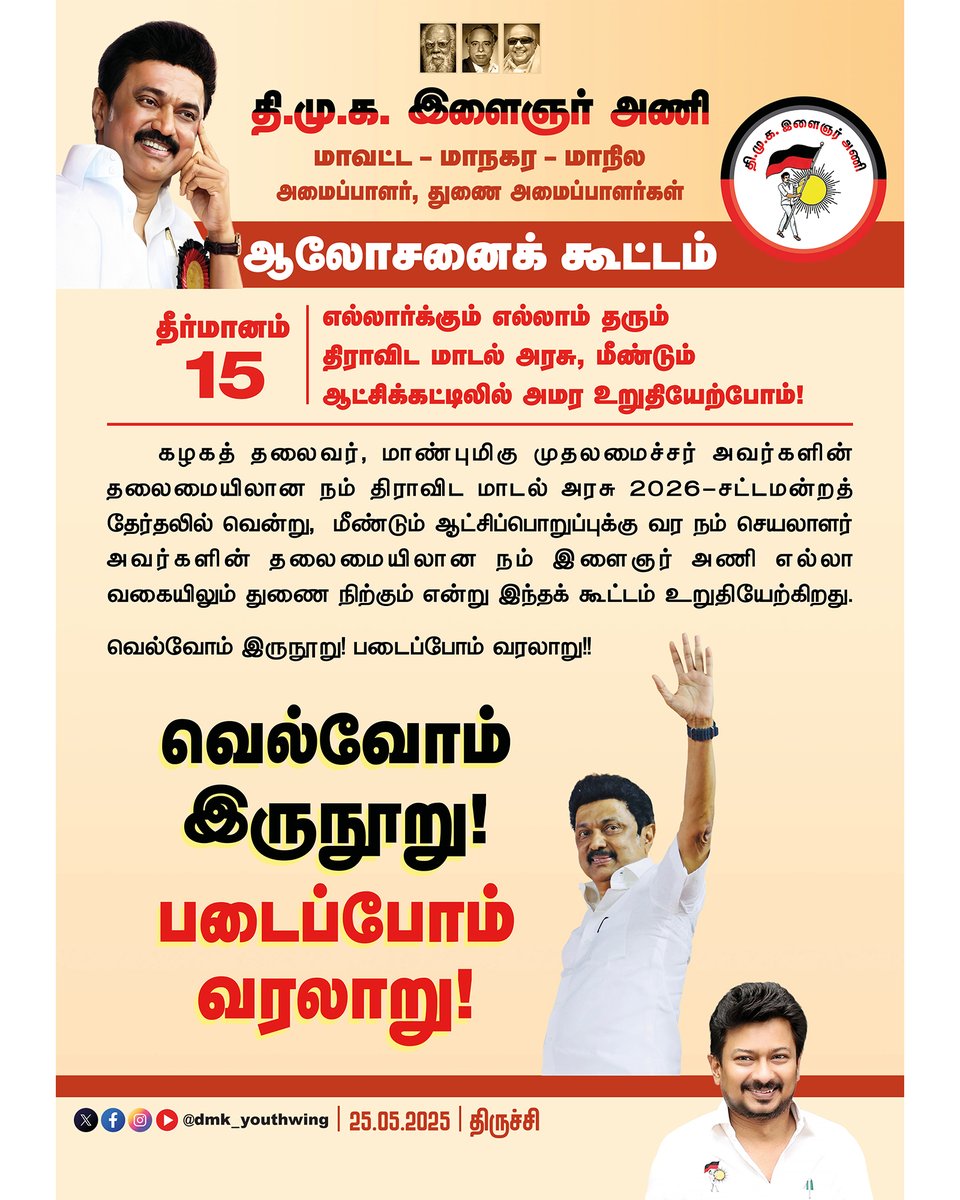 dmk_youthwing's tweet photo. தி.மு.கழக இளைஞர் அணியின் மாவட்ட – மாநகர – மாநில அமைப்பாளர், துணை அமைப்பாளர்கள் கலந்துகொண்ட ஆலோசனைக் கூட்டம் அணியின் செயலாளர் – மாண்புமிகு துணை முதலமைச்சர் @Udhaystalin தலைமையில், மாநில துணைச் ���ெயலாளர்கள் முன்னிலையில் திருச்சியில் நடைபெற்றது. இந்தக் கூட்டத்தில் நிறைவேற்றப்பட்ட
தீர்மானம் 15:

எல்லார்க்கும் எல்லாம் தரும்
திராவிட மாடல் அரசு, மீண்டும்
ஆட்சிக்கட்டிலில் அமர உறுதியேற்போம்!

கழகத் தலைவர், மாண்புமிகு முதலமைச்சர் @mkstalin  அவர்களின் தலைமையிலான நம் திராவிட மாடல் அரசு 2026-சட்டமன்றத்  தேர்தலில் வென்று,  மீண்டும் ஆட்சிப்பொறுப்புக்கு வர நம் செயலாளர் அவர்களின் தலைமையிலான நம் இளைஞர் அணி எல்லா வகையிலும் துணை நிற்கும் என்று இந்தக் கூட்டம் உறுதியேற்கிறது.

வெல்வோம் இருநூறு! படைப்போம் வரலாறு!!