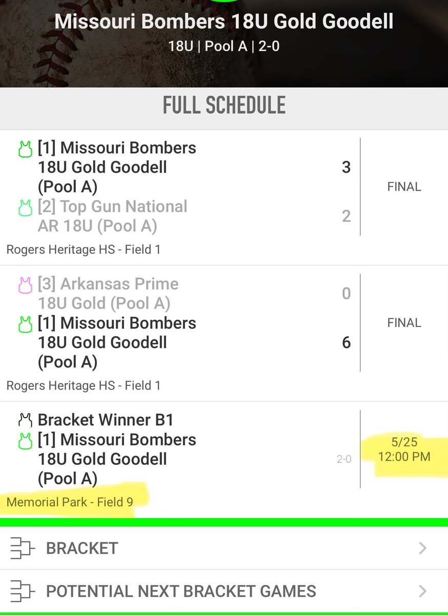 Great day of softball = first round bracket bye. 12:00 5/25 at Memorial Park field 9. 

Couple highlights from today:
10 innings pitched- 3 hits between:
Ava Wolf 2026
Lexy Stephen2027
Jordan Goodell 2025CC

Peyton Eddie 2027 3-3 / 3 SB
Journey Arnall 2027 2/3