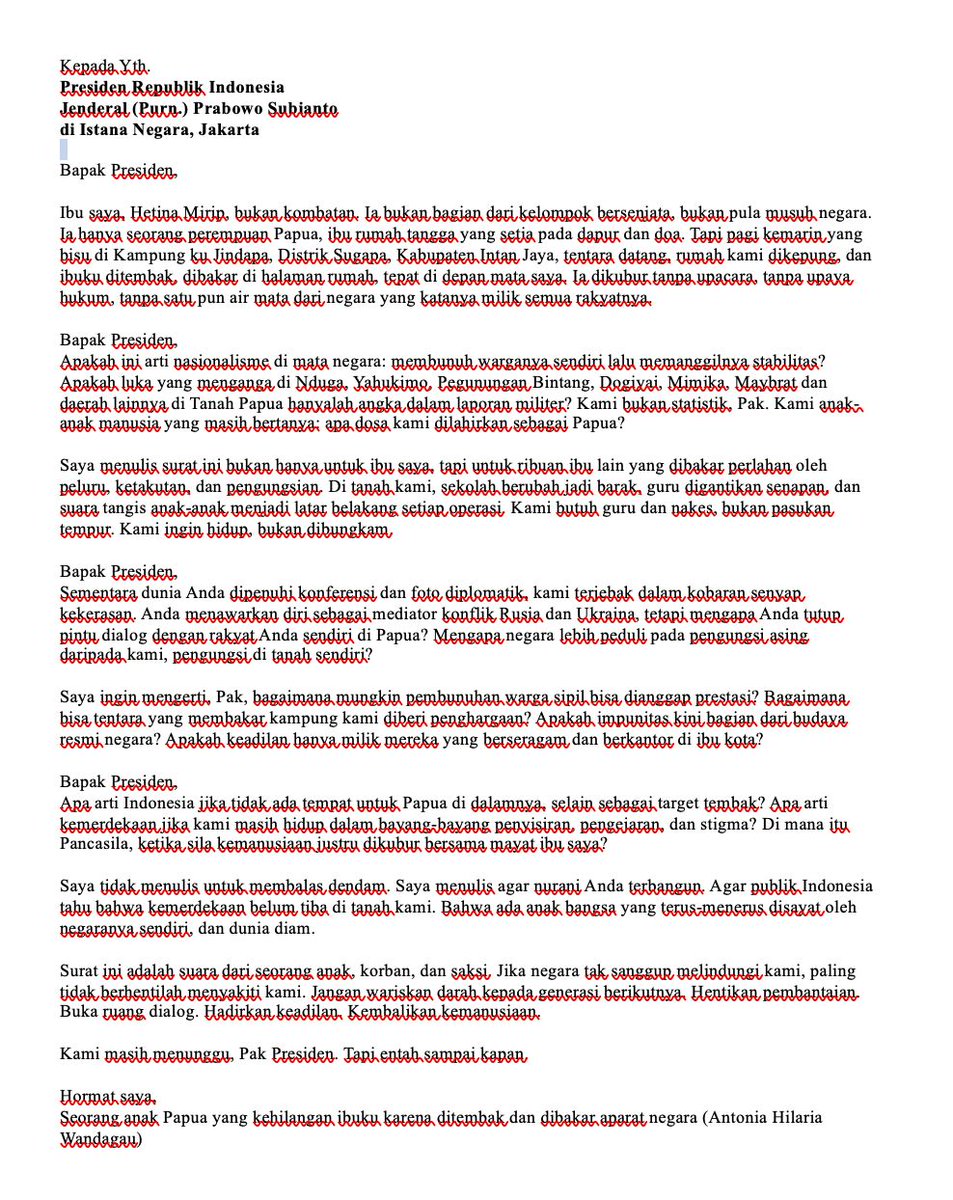 angkytm's tweet photo. Surat ini adalah suara dari seorang anak, korban, dan saksi. Jika negara tak sanggup melindungi kami, paling tidak berhentilah menyakiti kami. 
Seorang anak Papua yang kehilangan ibuku karena ditembak dan dibakar aparat negara (Antonia Hilaria Wandagau)

Duka mendalam dik. Kejam https://t.co/AxvGsQH0BG