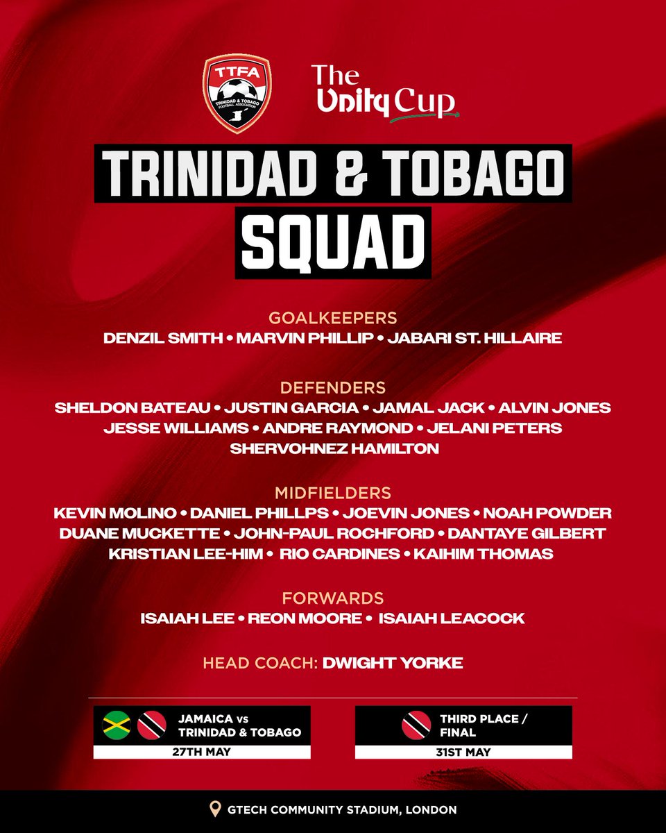 socawarriors's tweet image. Trinidad and Tobago&apos;s squad for the #UnityCup #SocaWarriors #2025UnityCup
🇹🇹🇯🇲🇬🇭🇳🇬