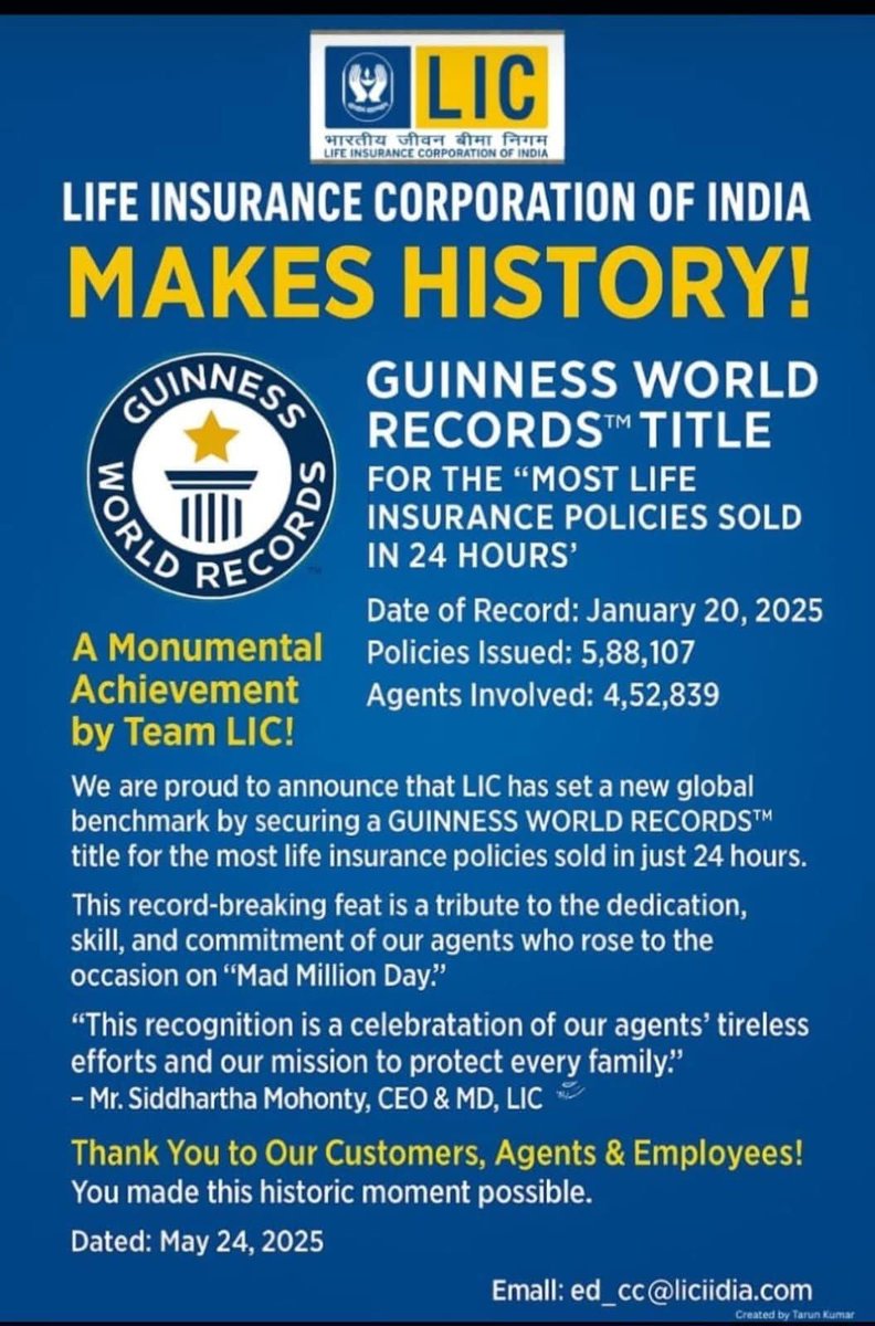 mr___pathak's tweet photo. This is a big statement:
LIC conquers the world stage with 5.88 lakh policies in 24 hours — a Guinness World Record and a legacy etched in gold! 
.
#licindiaforever
#GuinnessWorldRecord https://t.co/OCwq0n6VKF