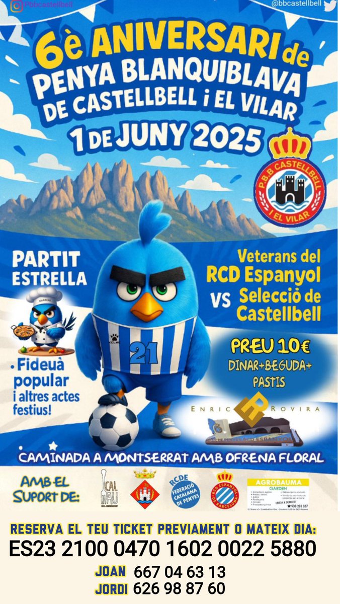 👋OYE! 🗣DONDE LO CELEBRAMOS!!! <a href="/RCDEspanyol/">RCD Espanyol de Barcelona</a> 🍺🍻🥘
🗓 1-6-25 📝
🔵⚪️ 6° ANIVERSARI ⚪️🔵
🚶‍♀️Pujada a Montserrat+ofrena floral💐
Veterans Rcde🆚️Veterans Castellbell 
👶Inflables pels menuts 🎈
🥘 Fideuà + pastís <a href="/enrovira/">Enric Rovira</a> 🍫 
📍 <a href="/AjCastellbell/">Aj. Castellbell</a>
#rcde #meravellosaminoria 
#LaLiga