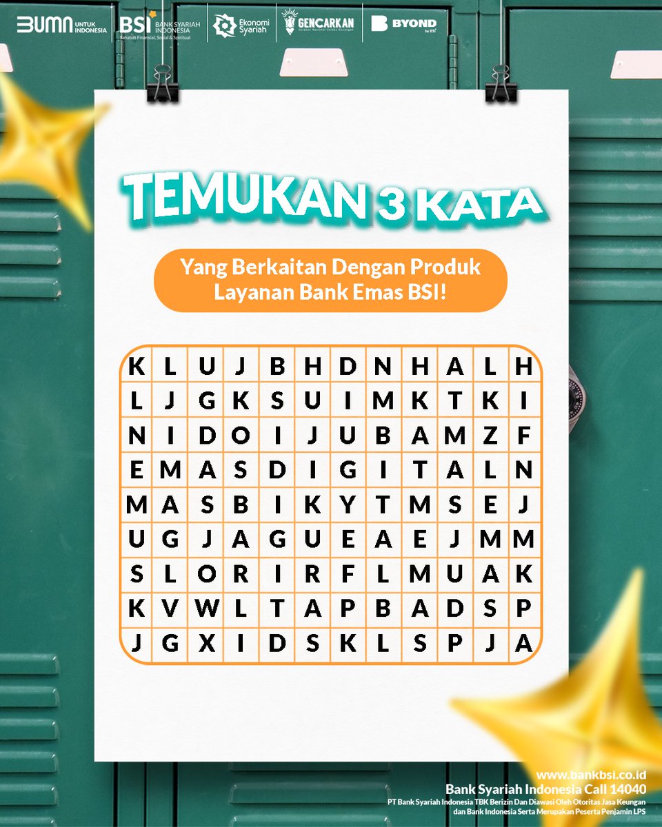 Bank Syariah Indonesia (@bankbsi_id) on Twitter photo Assalamuâalaikum, Sahabat Syariah!
Mau saldo e-wallet senilai 300K untuk 3 orang pemenang?
Caranya gampang :
1. Temukan 3 kata yang berkaitan dengan produk layanan bank Emas BSI
2. WAJIB follow <a href="/bankbsi_id/">Bank Syariah Indonesia</a>
3. Like postingan ini & WAJIB share postingan ini
4. Tulis Jawaban kamu di Assalamuâalaikum, Sahabat Syariah!
Mau saldo e-wallet senilai 300K untuk 3 orang pemenang?
Caranya gampang :
1. Temukan 3 kata yang berkaitan dengan produk layanan bank Emas BSI
2. WAJIB follow <a href="/bankbsi_id/">Bank Syariah Indonesia</a>
3. Like postingan ini & WAJIB share postingan ini
4. Tulis Jawaban kamu di