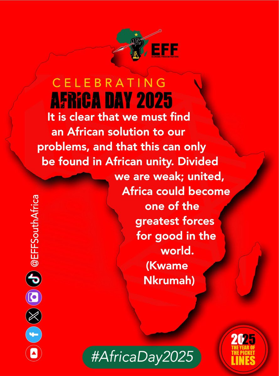 The EFF wishes all Africans in the continent and in the diaspora a happy Africa day.

It is clear that we must find an African solution to our problems, and that this can only be found in African unity. 

Divided, we are weak; united, Africa could become one of the greatest