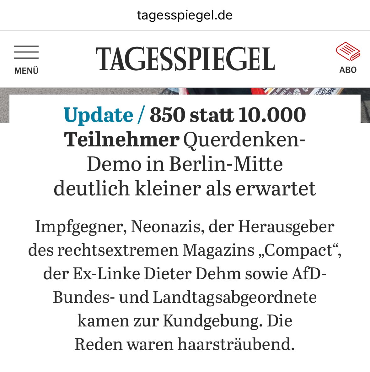 Ich seh das richtig?

Da kamen anstatt der angekündigten 10.000 gerade mal 850 Umnachtete zu #b2405 und hier auf Twitter versuchen die rechten #Querdenken- und #fckAfD-Wirrköpfe diese Shitshow als unfassbaren Erfolg zu verkaufen?

Gott, diese Leute sind so lächerlich …