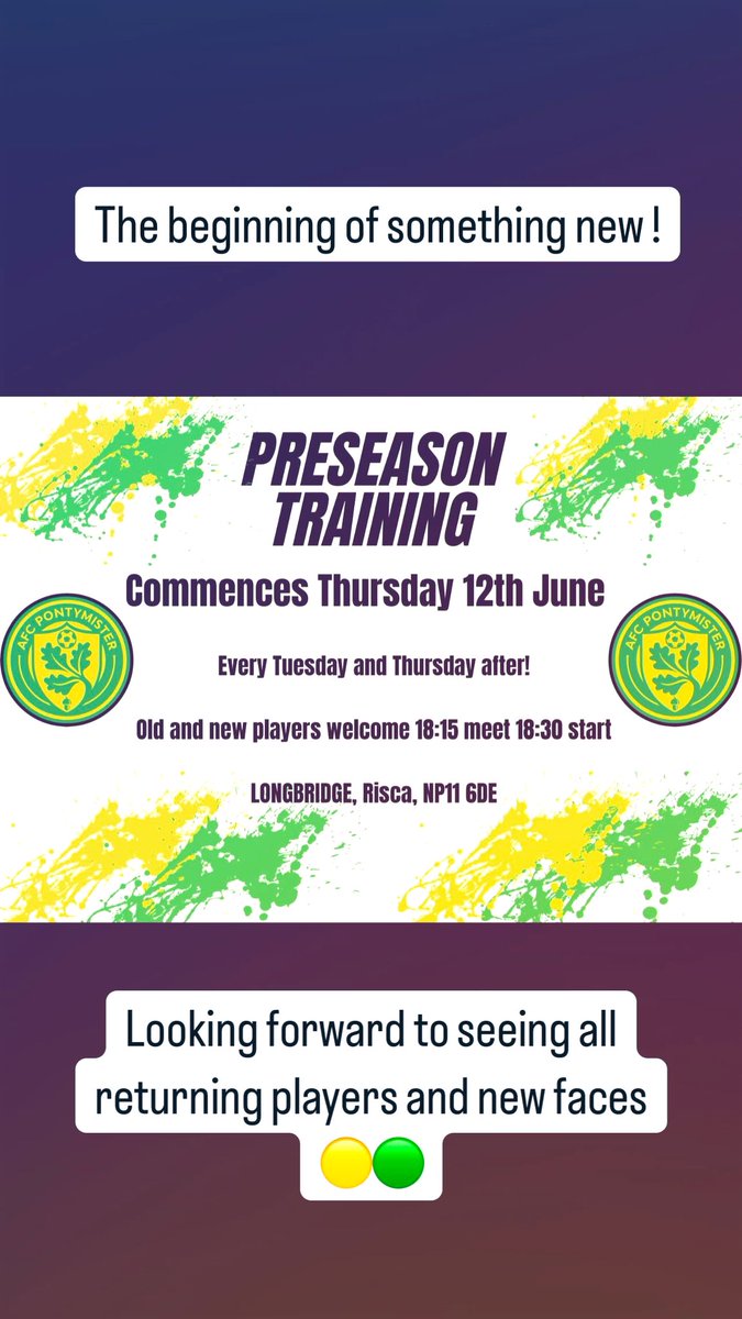 Soooo, we’re close to being back.

With changes throughout the club, AFC Pontymister are excited to get things going.

We’re also on the look out for new players who are looking for a new challenge with a desire for success.

Look forward to seeing you all 🟡🟢