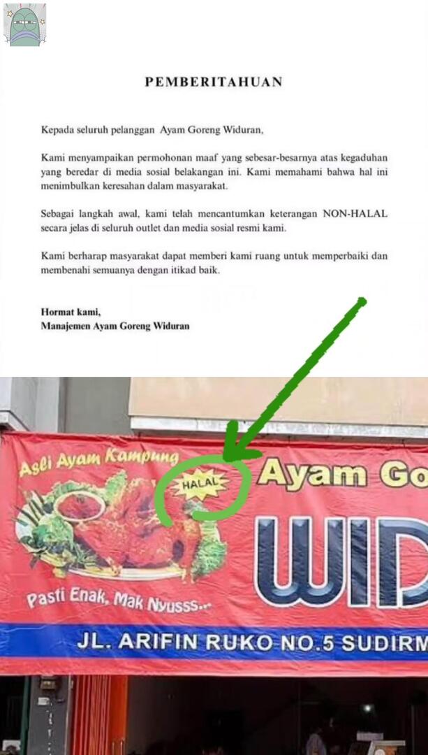 tanyarlfes's tweet photo. 💚 setelah hampir 50 tahun'an beroperasi, dari 1973-2025. kuliner legend di solo, AYAM GORENG WIDURAN baru klarifikasi, bahwa makanan'nya itu NON-HALAL. 🥲 https://t.co/6hlmgmTlxF