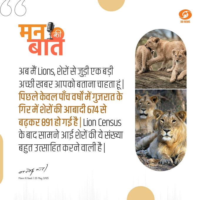 DDNewsGujarati's tweet photo. પ્રધાનમંત્રી @narendramodi એ ગુજરાતના પ્રખ્યાત ગીર જંગલમાં સિંહ ગણતરી વિશે વાત કરી
▶️તેમણે ગીરની પડકારજનક પરિસ્થિતિઓને પાર કર્યા પછી ત્યાં થયેલા ફેરફારો વિશે વિગતવાર અને રસપ્રદ માહિતી આપી
@CMOGuj
@GujForestDept
#PMonAIR #ProjectLion https://t.co/XKl5L8KeZJ