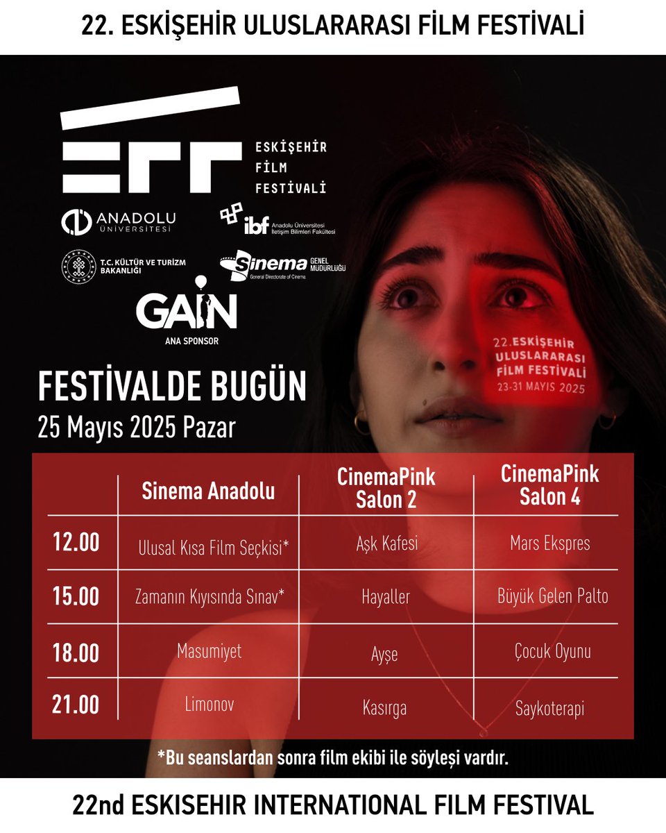 22. Eskişehir Uluslararası Film Festivali, 25 Mayıs 2025 Pazar gösterim programı. İyi seyirler.

Sinema Anadolu’da saat 12.00’da EFF Ulusal Kısa Film Seçkisi festival seyircisiyle buluşuyor. Gösterim ardından film ekipleriyle söyleşi yapılacak.