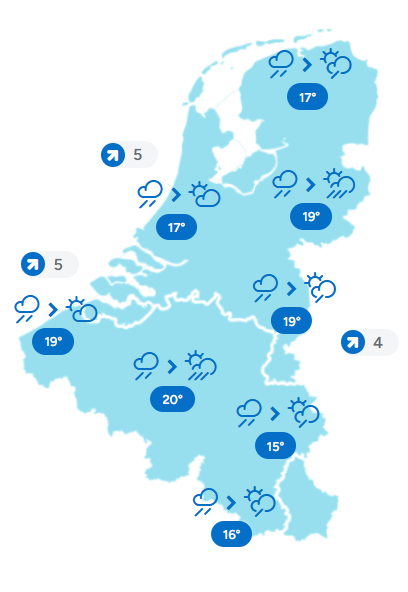 NoodweerBenelux's tweet photo. Goedemorgen!
Een #frontaal #systeem trekt tijdens de eerste uren van de dag van west naar oost met veel wolken en perioden van lichte (mot)regen of #buien. #Hierachter volgen er geleidelijk aan #opklaringen met zonneschijn tussendoor, maar wordt het ook #onstabieler met #buien die ontstaan. Lokaal is er een feller exemplaar bij. In de #kustregio is het doorgaans wat #droger. De temperaturen klimmen naar 15 tot 20°C. Vooral bij zonnigere momenten kan het wat zachter worden. Tijdens buien en zwaarbewolkte perioden is het enkele graden koeler. De #wind speelt nog steeds een #belangrijke #rol en waait matig tot vrij krachtig uit west-zuidwest. Vooral bij buien zijn er uitschieters mogelijk tot 40-55 km/u. Aan zee zijn er uitschieters mogelijk tot 50 à 65 km/u.
Fijne zondag!