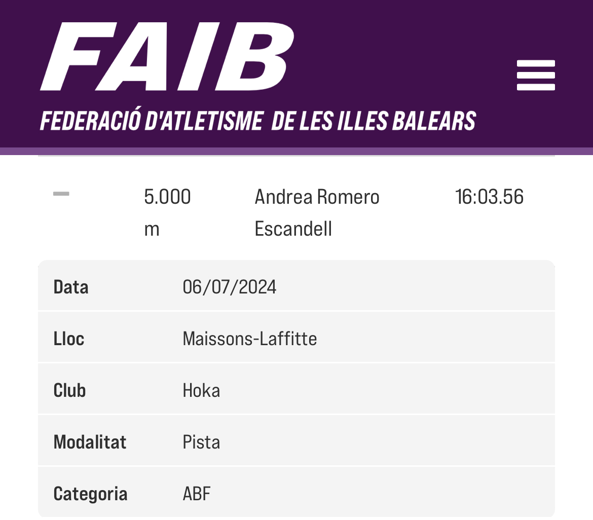 ANDREA ROMERO, NOU RÈCORD DE BALEARS DE 5.000 METRES: 15:53.15! 🔥
Ha estat a la reunió IFAM Outdoor de Brusseles d'aquest cap de setmana. La formenterenca romp la barrera dels 16 minuts també a pista! Enhorabona! 👏

<a href="/esportsIB/">esportsIB</a> <a href="/hoka/">HOKA</a> <a href="/aandrearommero/">Andrea Romero Escandell</a> #atletesfaib #recordsfaib
