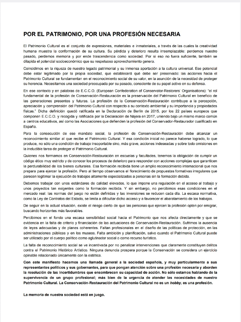 A_CR_E's tweet photo. Aniversario del
MANIFIESTO DE BOADILLA:
POR EL PATRIMONIO
POR UNA PROFESIÓN NECESARIA

Promovido el 25 mayo 2018 por el GE-IIC y ACRE y firmado por ECCO, Asociaciones, Escuelas, Facultades, Empresas y ProfesionalesCR implicados en la Conservación del Patrimonio.

MANIFIESTO👇👇👇 https://t.co/g8YdUsLn7r