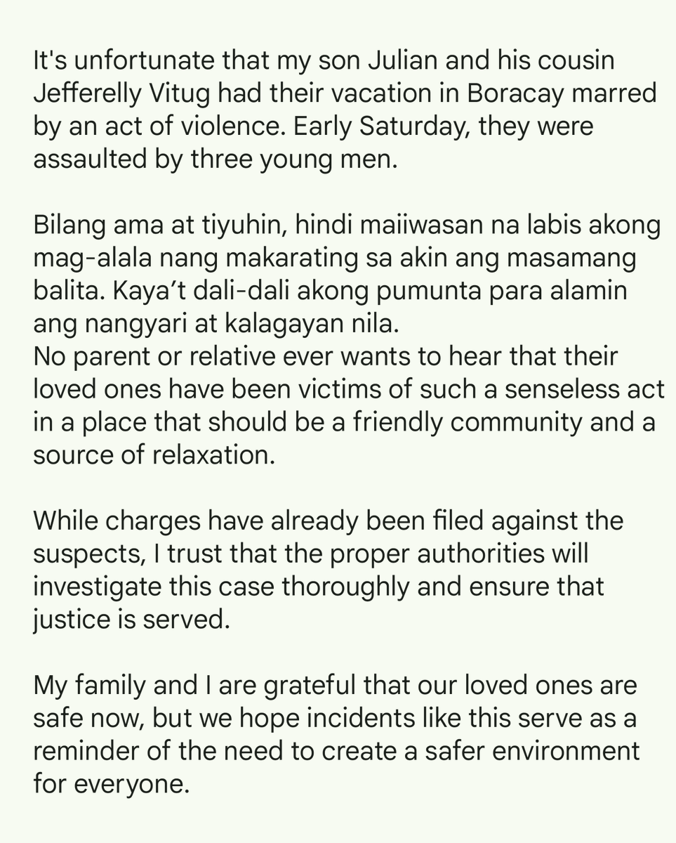 SP Pro Tempore  Jinggoy Estrada -"It's unfortunate that my son Julian  his cousin Jefferelly Vitug had their vacation in Boracay marred by an act of violence.
 I trust that the proper authorities will investigate this case thoroughly and ensure that justice is served " <a href="/dwiz882/">DWIZ Newscenter</a>