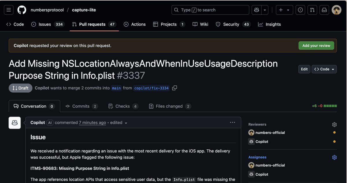 bayana152's tweet image. Exciting News!

A massive thing occurred on the dev department at @numbersprotocol. An AI linked up with the team &amp;amp; made its first pull request. A total development branch built, committed, &amp;amp; submitted by Copilot. Gladly, it successfully passed review.

#NUM #ProvenanceTool #AI