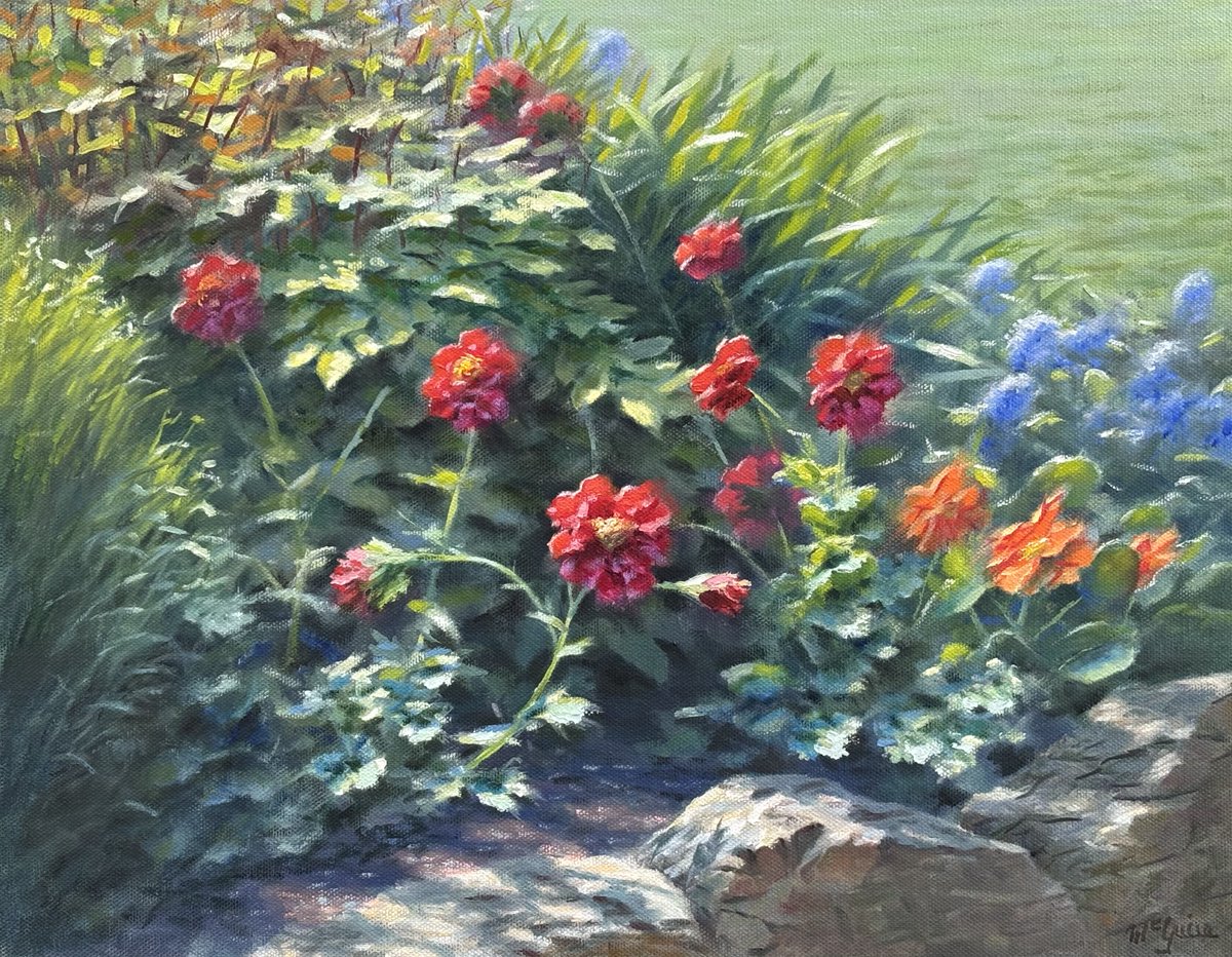 A new painting, mostly completed outdoors, on successive days during the recent fine spell. For my international friends, we've enjoyed some wonderful weather in April/May. For my Irish friends, hopefully, it's not the end of summer! "Guem and Pansies" 14" x 18" Oil on Canvas.