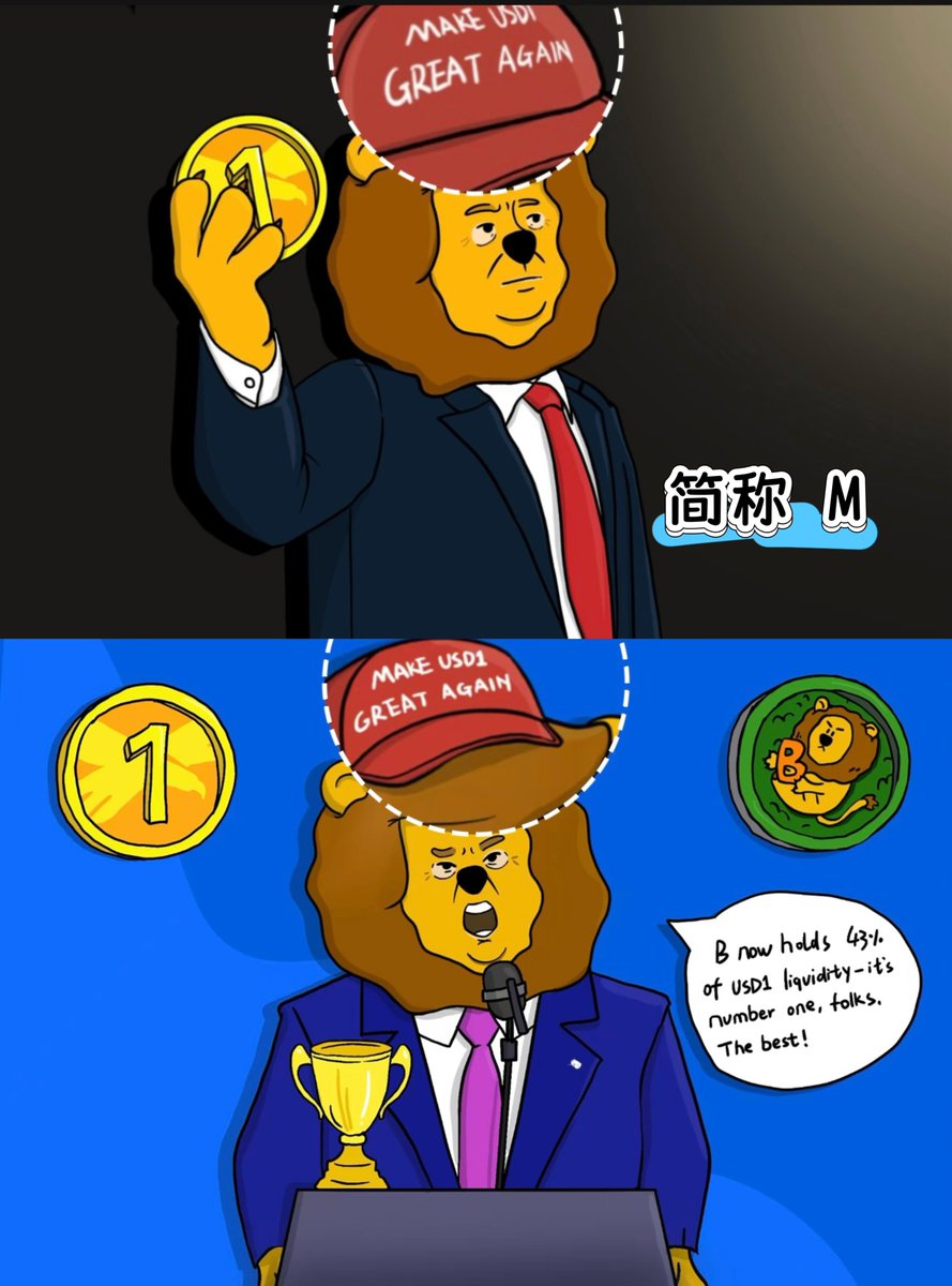 B的叙事背后是trump家族公司WLFI发行的USD1
B的帽子写着 make usd1 great again = 简称M
在官推和官网都重复出现多次！！！

这句话也是trump竞选口号的仿句 
看出来是B团队的精心设计🙋

可以说是最佳的周边叙事了 

0x6d15988a08fd15178e8ded23dceb5cfa42c14444
