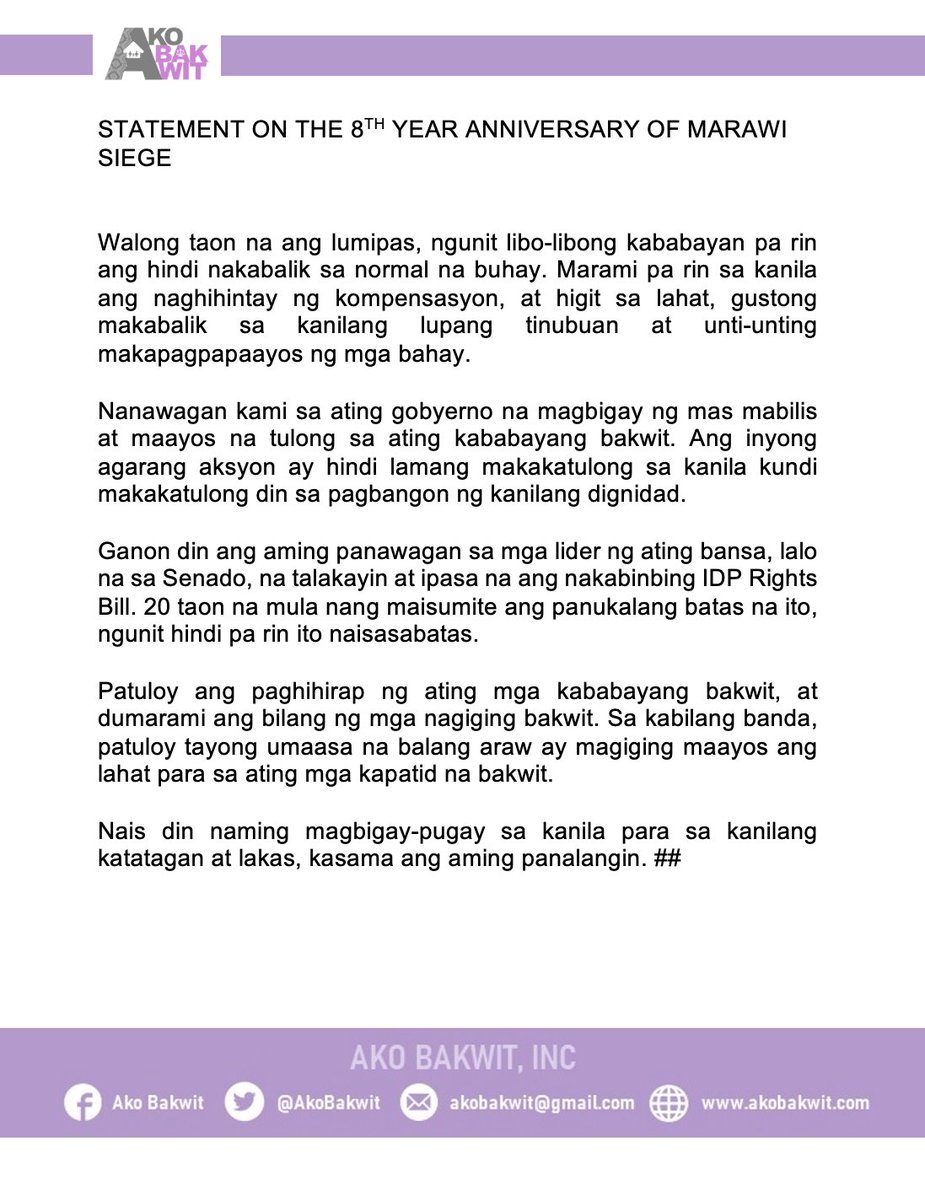 AkoBakwit's tweet photo. STATEMENT ON THE 8TH YEAR ANNIVERSARY OF MARAWI SIEGE

#AkoBakwit #IDPS #bakwit https://t.co/xGnB4Nfjo7