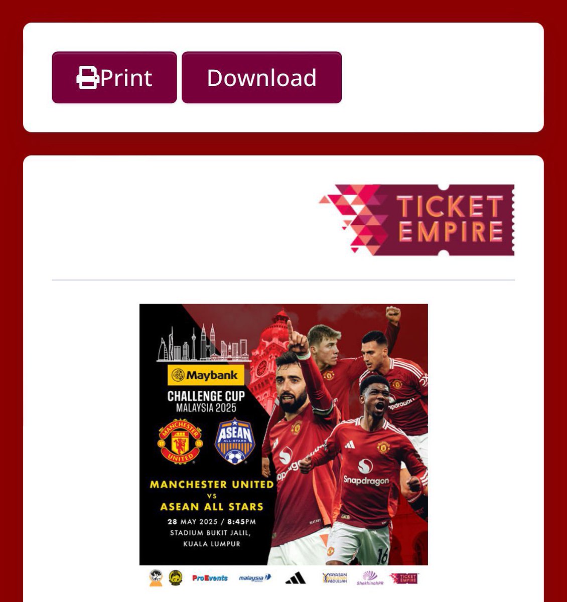 Azmilzulkifili's tweet photo. WTS/WANT TO SELL !! LOCAL SELLER  FROM MY 🇲🇾 

TICKET MU TOUR KUALA LUMPUR 
MANCHESTER UNITED VS ASEAN ALL STAR

STADIUM NATIONAL BUKIT JALIL
CAT 7 GATE B SECTION 304
2 TICKET FOR SELL 

DM (OPEN TO NEGO) 
FIRST COME FIRST SERVE !!
#ManchesterUnited #MU #ManchesterUnitedTickets https://t.co/miAvtlE6pn