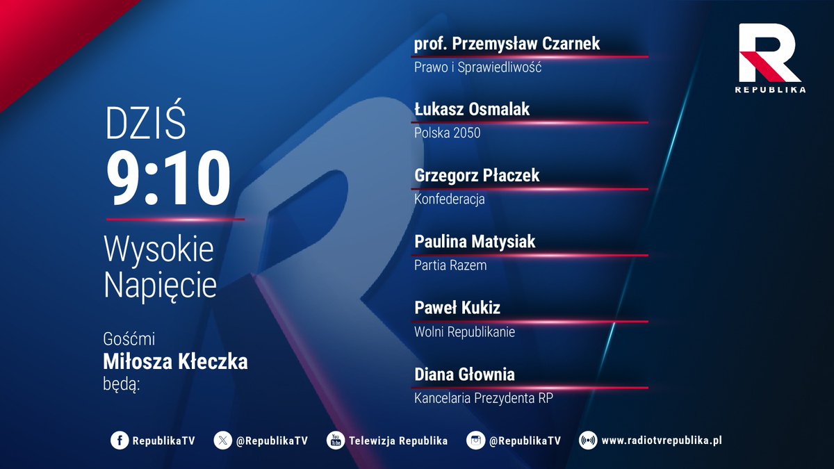 Telewizja Republika 🇵🇱 #włączprawdę (@republikatv) on Twitter photo 🔵 #WysokieNapięcie | Zapraszamy na program <a href="/MiloszKleczek/">Miłosz Kłeczek</a>, którego gośćmi o godz. 9:10 będą:
▪️ <a href="/CzarnekP/">Przemysław Czarnek</a> (<a href="/pisorgpl/">Prawo i Sprawiedliwość</a>)
▪️ <a href="/LukaszOsmalak/">Łukasz Osmalak</a> (<a href="/PL_2050/">Polska 2050</a>)
▪️ <a href="/placzekgrzegorz/">Grzegorz Płaczek</a> (<a href="/KONFEDERACJA_/">Konfederacja</a>)
▪️ <a href="/PolaMatysiak/">Paulina Matysiak 🇵🇱</a> (<a href="/partiarazem/">Razem</a>)
▪️ <a href="/pkukiz/">Paweł Kukiz</a> (#WolniRepublikanie)
▪️ <a href="/DianaGlownia/">Diana Głownia</a> (<a href="/prezydentpl/">Kancelaria Prezydenta</a>) 🔵 #WysokieNapięcie | Zapraszamy na program <a href="/MiloszKleczek/">Miłosz Kłeczek</a>, którego gośćmi o godz. 9:10 będą:
▪️ <a href="/CzarnekP/">Przemysław Czarnek</a> (<a href="/pisorgpl/">Prawo i Sprawiedliwość</a>)
▪️ <a href="/LukaszOsmalak/">Łukasz Osmalak</a> (<a href="/PL_2050/">Polska 2050</a>)
▪️ <a href="/placzekgrzegorz/">Grzegorz Płaczek</a> (<a href="/KONFEDERACJA_/">Konfederacja</a>)
▪️ <a href="/PolaMatysiak/">Paulina Matysiak 🇵🇱</a> (<a href="/partiarazem/">Razem</a>)
▪️ <a href="/pkukiz/">Paweł Kukiz</a> (#WolniRepublikanie)
▪️ <a href="/DianaGlownia/">Diana Głownia</a> (<a href="/prezydentpl/">Kancelaria Prezydenta</a>)