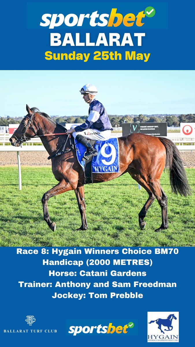 Sportsbet-Ballarat (@ballturfclub) on Twitter photo Race 8: Hygain Winners Choice BM70 Handicap
(2000 METRES)
Horse: Catani Gardens
Trainer: <a href="/FreedmanRacing/">Anthony Freedman Racing</a>
Jockey: Tom Prebble Race 8: Hygain Winners Choice BM70 Handicap
(2000 METRES)
Horse: Catani Gardens
Trainer: <a href="/FreedmanRacing/">Anthony Freedman Racing</a>
Jockey: Tom Prebble
