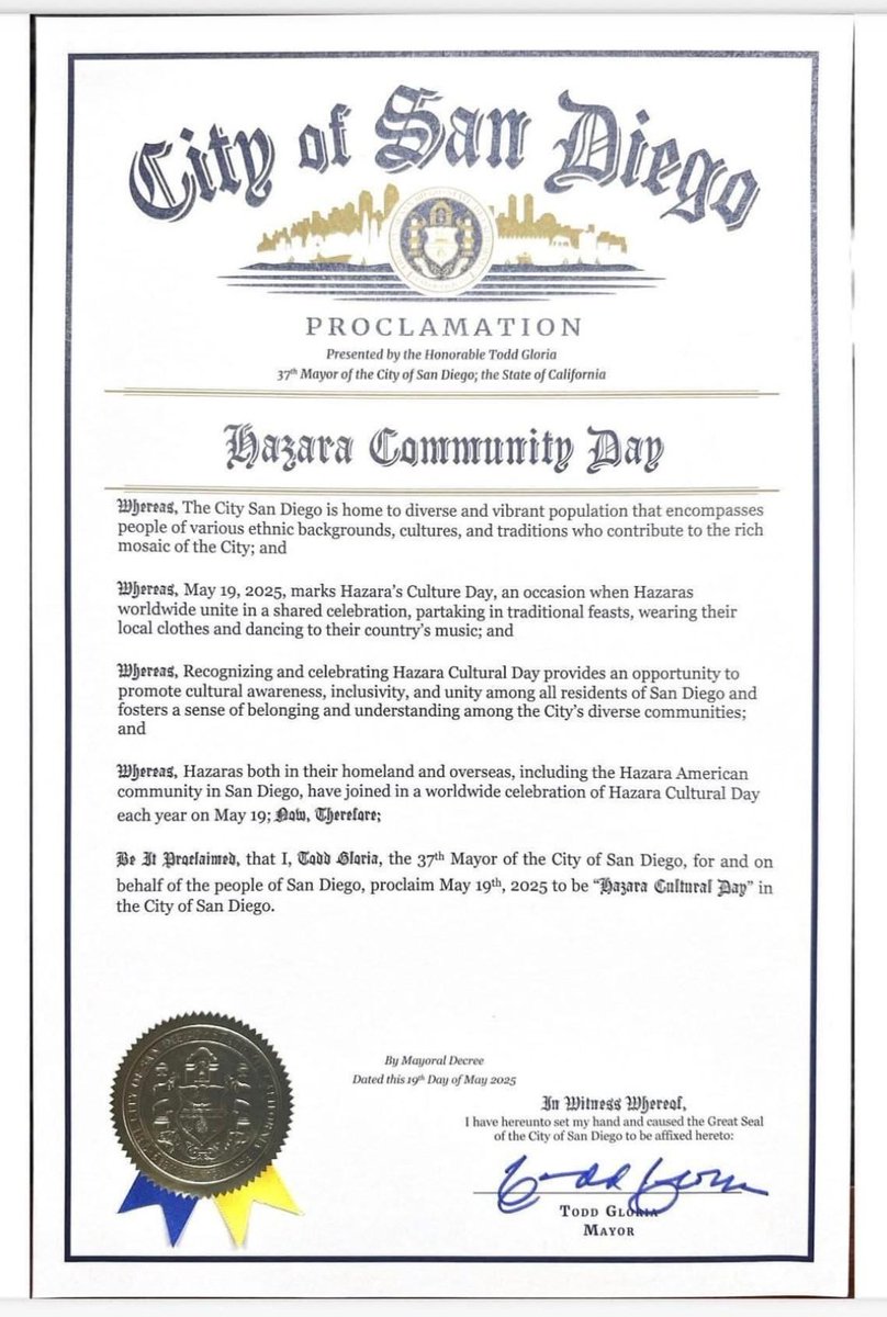 daichopanazmo's tweet photo. San Diego City Council officially register 19th of May as World Hazara Culture Day. 

Hazara worldwide express their heartfelt gratitude and appreciation to Dr. Mohammad Jawad Rahimi, his team, Mr. Todd Gloria, the Mayor of San Diego, and everyone who contributed to this effort for their great work.