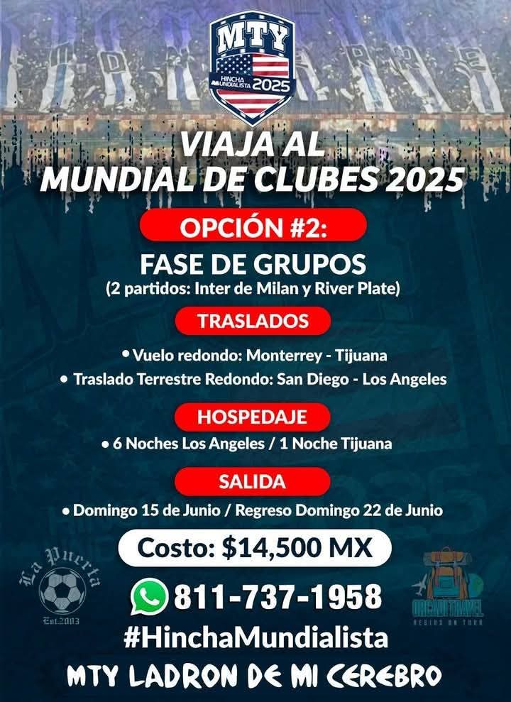 LAADICCIONCFM's tweet photo. ¡ ULTIMOS LUGARES !

Forma parte del grupo que estará presente en Los Angeles California para el Mundial de Clubes. ✈️🇺🇸🌴

MTY LADRON DE MI CEREBRO 

#MonterreyAnteElMundo #LaAdiccion #HinchaMundialista #ClubWC https://t.co/xpnemeiAz4