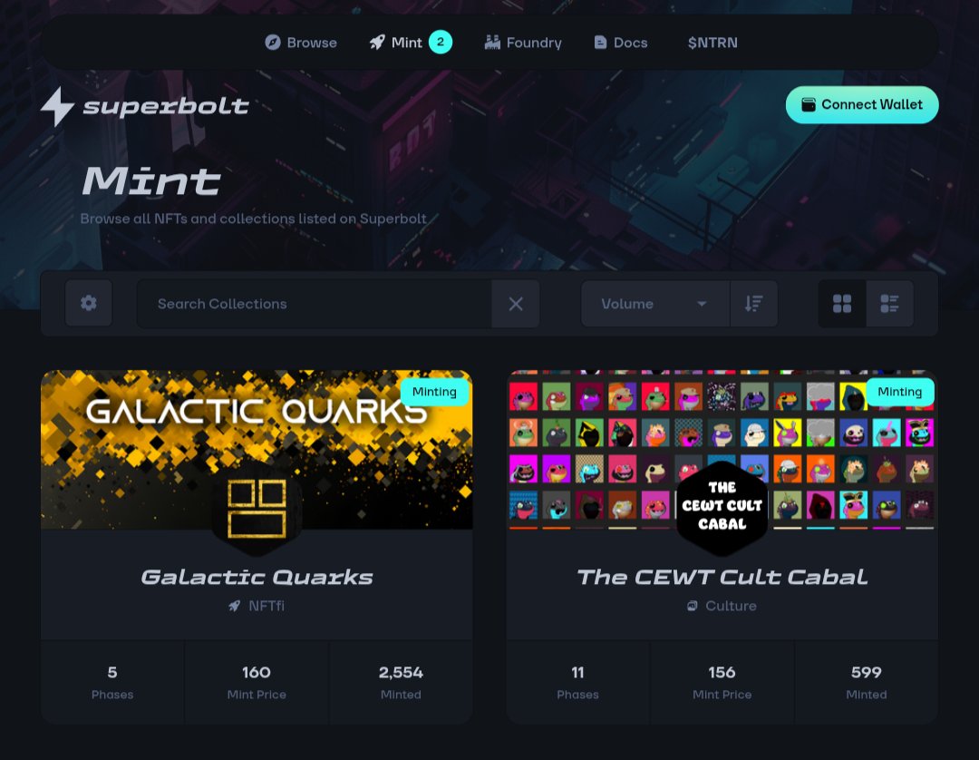 Ed | AirdropGlideApp (@airdropglideapp) on Twitter photo So, anyone minting an NFT on <a href="/superbolt_wtf/">Superbolt</a> on <a href="/neutron_org/">Neutron π</a>?
Two collections are live:
<a href="/CewtsCult/">CEWTS π MINTING ON SUPERBOLT.WTF</a>, currently 599 of 1379 have been minted.
and <a href="/galactic_quarks/">Galactic Quarks</a>, currently 2554 of 4790 have been minted.
Check it out here: app.superbolt.wtf/mint
Let me know!
Disclaimer: So, anyone minting an NFT on <a href="/superbolt_wtf/">Superbolt</a> on <a href="/neutron_org/">Neutron π</a>?
Two collections are live:
<a href="/CewtsCult/">CEWTS π MINTING ON SUPERBOLT.WTF</a>, currently 599 of 1379 have been minted.
and <a href="/galactic_quarks/">Galactic Quarks</a>, currently 2554 of 4790 have been minted.
Check it out here: app.superbolt.wtf/mint
Let me know!
Disclaimer: