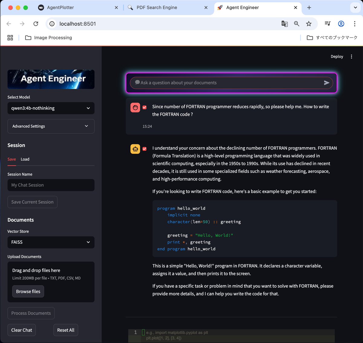 bluedack's tweet image. _/_/_/_/_/ ٩(ˊᗜˋ*)و　#CodingLog #LLM

『FORTRAN書ける人が絶滅しそうだから助けて😭』と聞くとAIが凄く気を使って優しく教えてくれるのまじウケる。