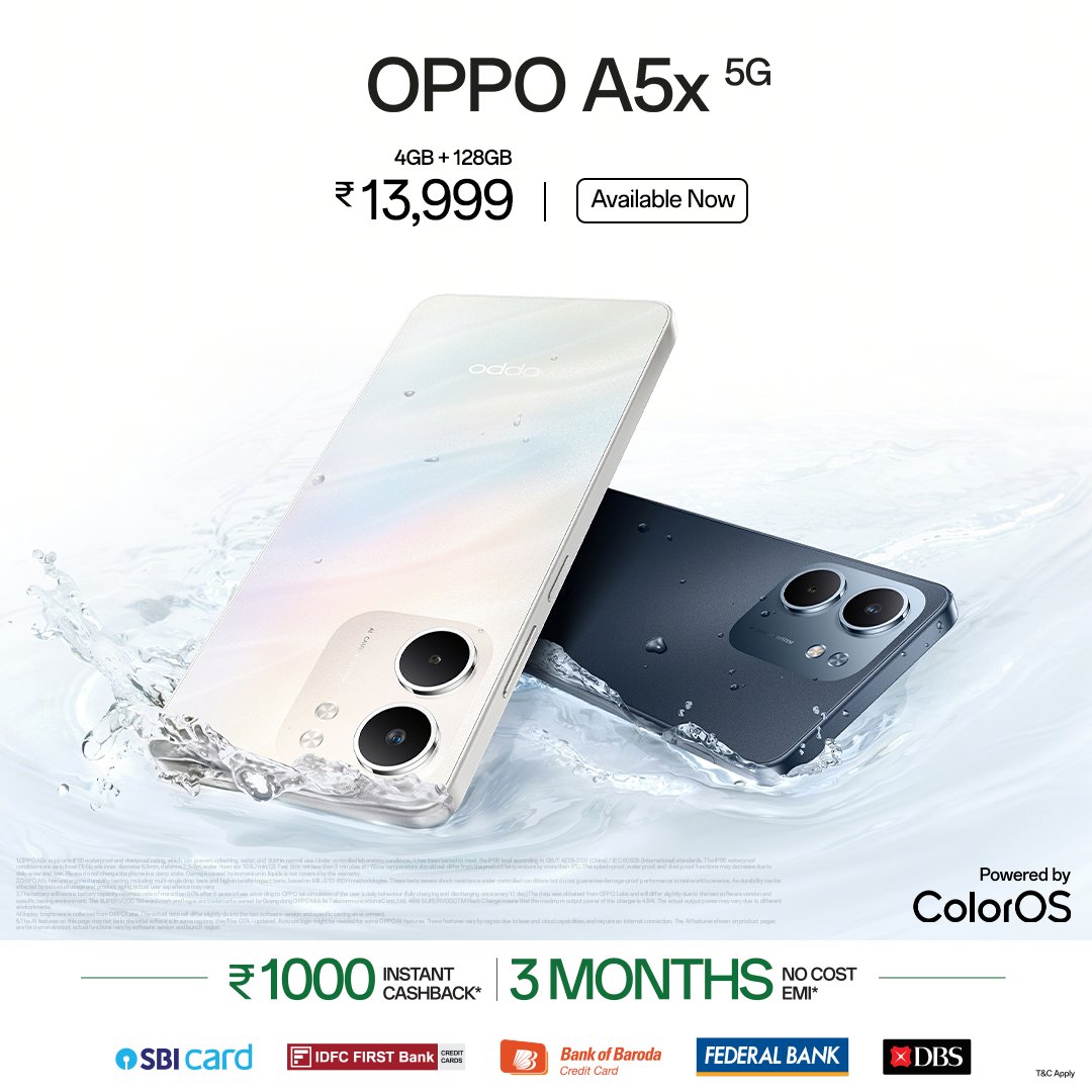 The new OPPO A5x 5G is now available at just ₹13,999. With 4GB + 128GB storage, stunning design, and water-resistant durability, it’s everything you need to stay #AStepAhead.

#DurableChampionFamily

Buy now: shorturl.at/cWdE0