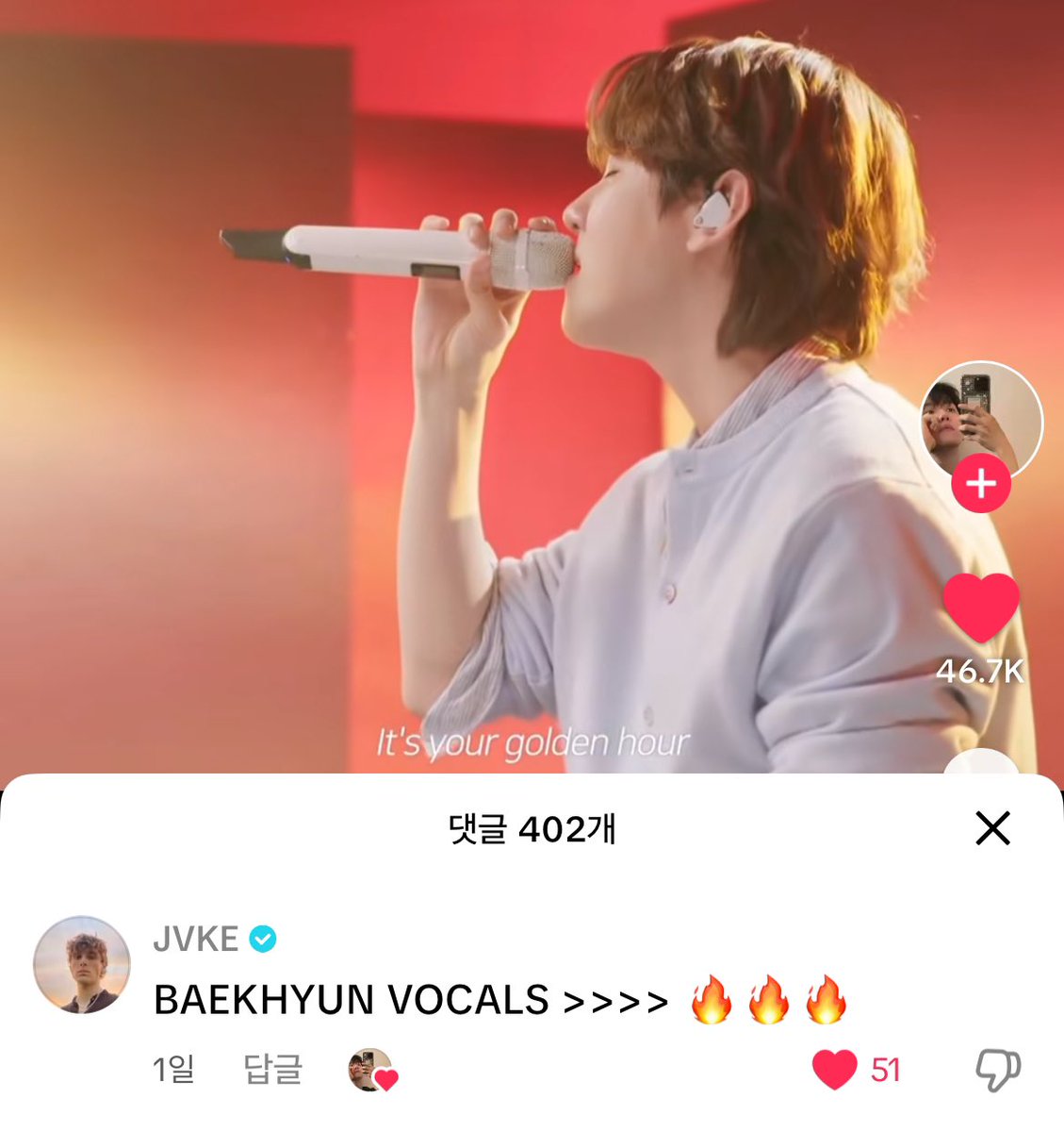 jvke has left two comments under baekhyun's cover of golden hour:

- BAEKHYUN VOCALS&gt;&gt;&gt;
- BAEKHYUN VOCALS &gt;&gt;&gt;&gt; 🔥🔥🔥