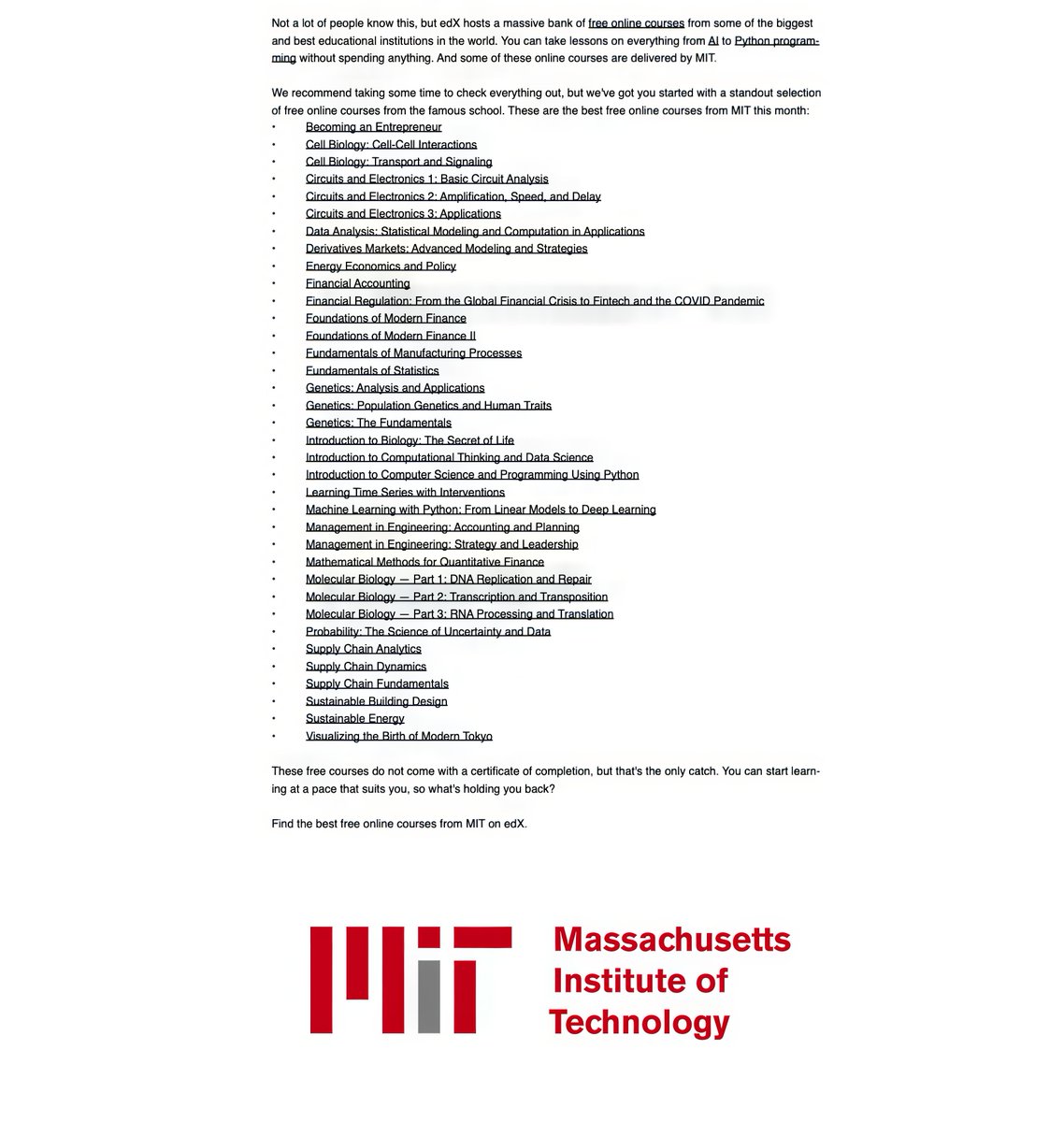 Dr. Ganapathi Pulipaka ๐บ๐ธ (@gp_pulipaka) on Twitter photo MIT: 35 Best Courses in Machine Learning!
<a href="/MIT/">Massachusetts Institute of Technology (MIT)</a>
Explore a world of knowledge with free online courses from MIT on edX, featuring lessons in AI, machine learning, computer science engineering, circuits and electronics, Genetics, data science, statistics and much more. Many people MIT: 35 Best Courses in Machine Learning!
<a href="/MIT/">Massachusetts Institute of Technology (MIT)</a>
Explore a world of knowledge with free online courses from MIT on edX, featuring lessons in AI, machine learning, computer science engineering, circuits and electronics, Genetics, data science, statistics and much more. Many people