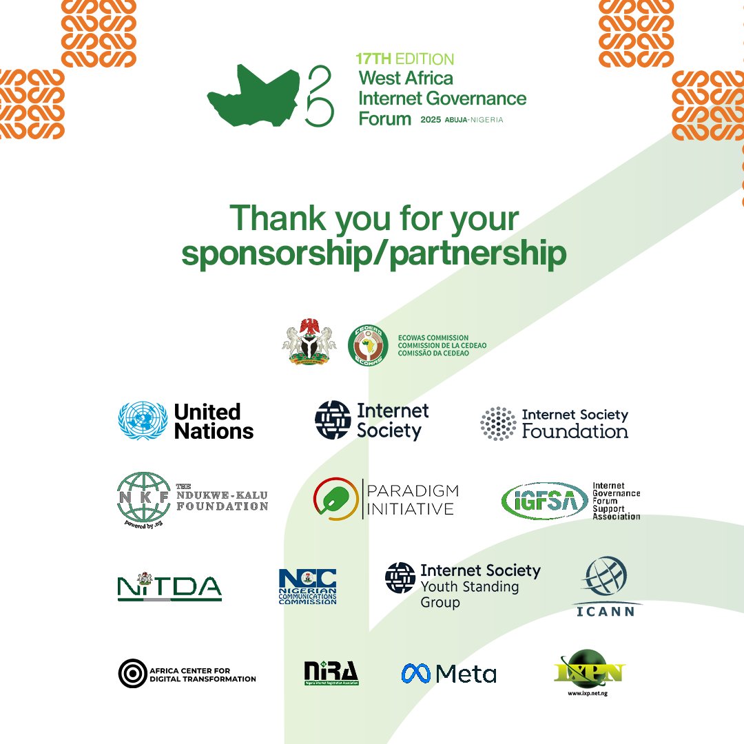 West Africa IGF (@waigf) on Twitter photo Thank you so much for your support and partnership.
Your contribution made this year's event a success
<a href="/NITDANigeria/">NITDA Nigeria</a> <a href="/UN/">United Nations</a> <a href="/ISOC_Foundation/">Internet Society Foundation</a> <a href="/internetsociety/">Internet Society</a> <a href="/ParadigmHQ/">Paradigm Initiative (PIN)</a> <a href="/igfsa/">IGFSA</a> <a href="/ICANN/">ICANN</a> <a href="/NgComCommission/">ncc.gov.ng</a> <a href="/nkfngofficial/">Ndukwe Kalu Foundation</a> <a href="/niraworks/">NiRA</a> <a href="/Meta/">Meta</a> <a href="/IXPNigeria/">Internet eXchange Point of Nigeria - IXPN</a> <a href="/Africa_ACDT/">Africa Center for Digital Transformation</a> <a href="/Globalyouthsg/">ISOC Youth Standing Group</a> Thank you so much for your support and partnership.
Your contribution made this year's event a success
<a href="/NITDANigeria/">NITDA Nigeria</a> <a href="/UN/">United Nations</a> <a href="/ISOC_Foundation/">Internet Society Foundation</a> <a href="/internetsociety/">Internet Society</a> <a href="/ParadigmHQ/">Paradigm Initiative (PIN)</a> <a href="/igfsa/">IGFSA</a> <a href="/ICANN/">ICANN</a> <a href="/NgComCommission/">ncc.gov.ng</a> <a href="/nkfngofficial/">Ndukwe Kalu Foundation</a> <a href="/niraworks/">NiRA</a> <a href="/Meta/">Meta</a> <a href="/IXPNigeria/">Internet eXchange Point of Nigeria - IXPN</a> <a href="/Africa_ACDT/">Africa Center for Digital Transformation</a> <a href="/Globalyouthsg/">ISOC Youth Standing Group</a>