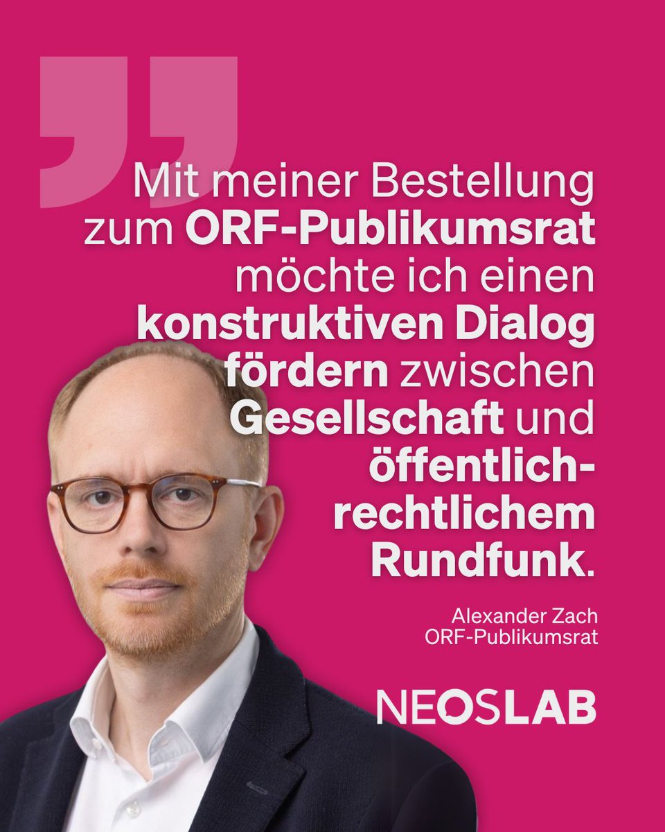 Alexander Zach ist der vom NEOS Lab bestellte ORF-Publikumsrat. Der 49-Jährige bringt Erfahrung mit Medien (<a href="/DATUMSDZ/">DATUM</a>) und Politik (LIF) mit. Er möchte sich für eine Weiterentwicklung des ORF engagieren. Mehr über den Publikumsrat lest ihr hier:
lab.neos.eu/thinktank/glos…