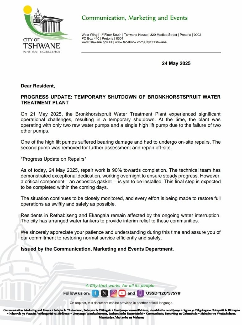 CityTshwane's tweet image. #ProgressUpdate: Temporary shutdown of Bronkhorstspruit Water Treatment Plant.