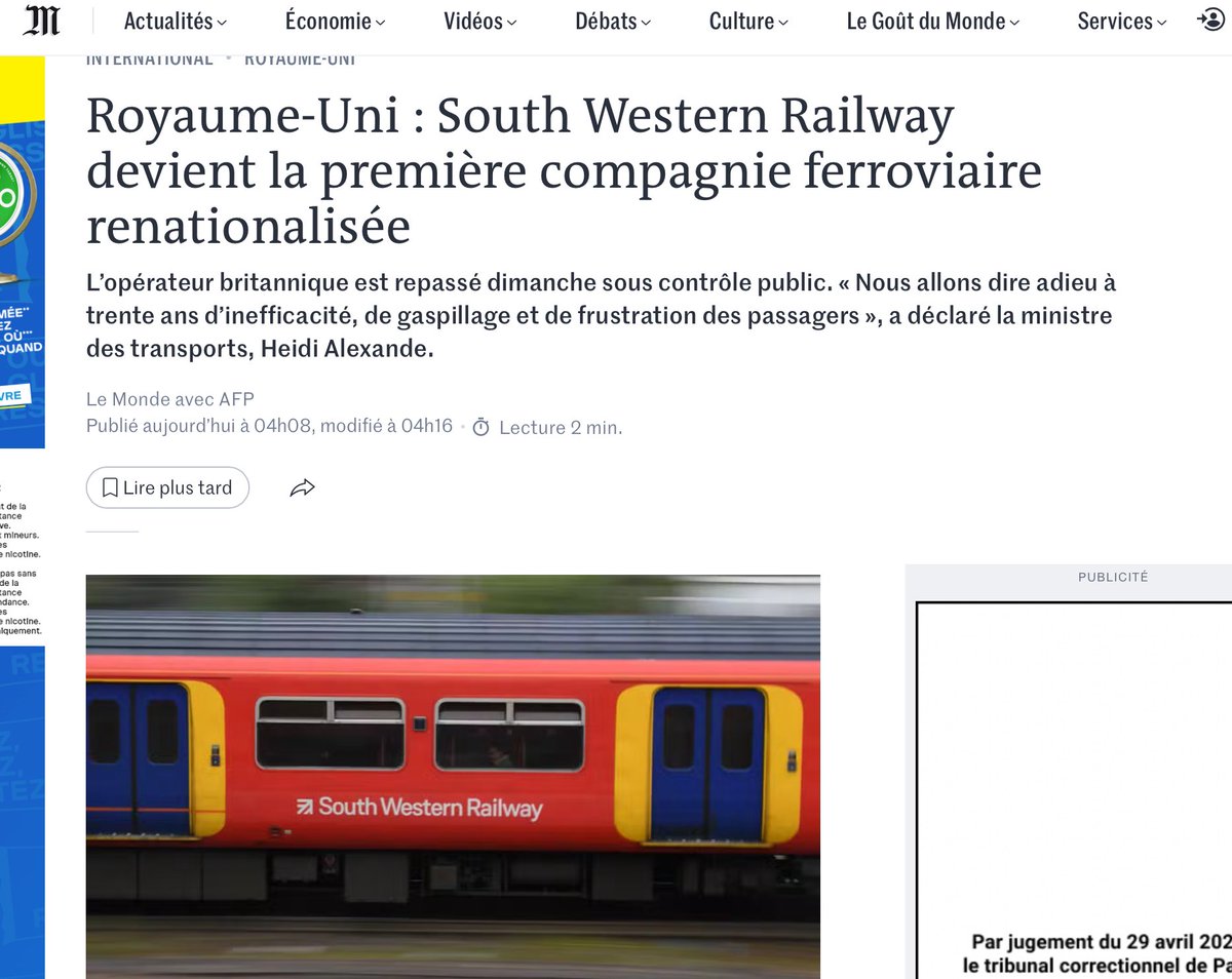 A la louche, on va mettre dix à quinze ans en France pour s’en rendre compte.
Et cinq ans de plus pour tout re nationaliser.

L’histoire n’est qu’un éternel recommencement.
Le top serait de faire renaitre la SNCF en 2038, 100 ans apres sa naissance.