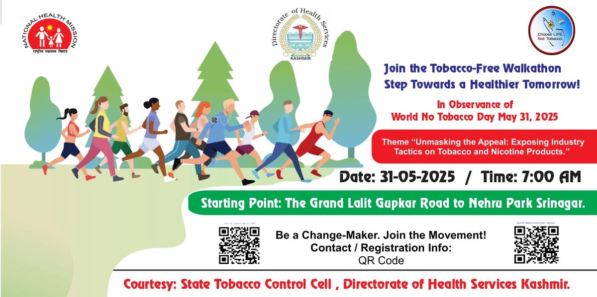 Tobacco Control Cell ,DHSK (@tccontrol_dhsk) on Twitter photo Join the Walkathon on 31 May
#World No Tobacco Day -2025.
<a href="/MoHFW_INDIA/">Ministry of Health</a>
<a href="/NHMJK5/">NHM, J&K</a>
<a href="/DHSKashmir/">Health Department Kashmir</a> Join the Walkathon on 31 May
#World No Tobacco Day -2025.
<a href="/MoHFW_INDIA/">Ministry of Health</a>
<a href="/NHMJK5/">NHM, J&K</a>
<a href="/DHSKashmir/">Health Department Kashmir</a>