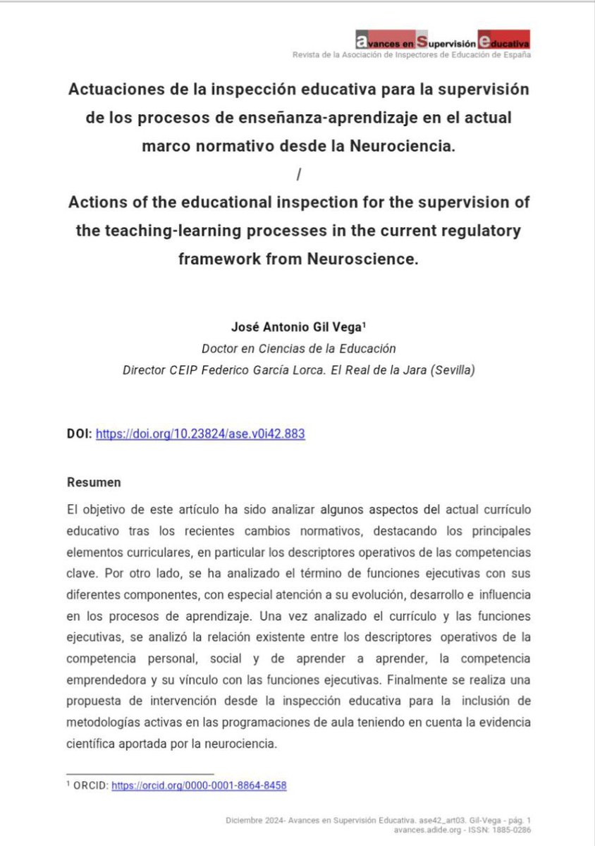 Actuaciones de la inspección educativa para la supervisión de los procesos de enseñanza-aprendizaje en el actual marco normativo desde la Neurociencia.

Por José Antonio Gil Vega

El curriculo y las funciones ejecutivas. Propuesta de intervención.

avances.adide.org/index.php/ase/…