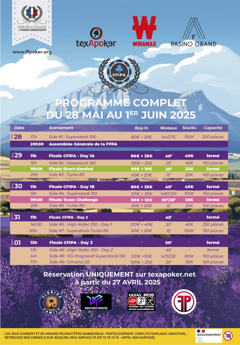 FFPAssociatif's tweet photo. 🎯 La finale #CFIPA2025 débarque à Aix-en-Provence du 29 mai au 1er juin 🇫🇷
416 qualifiés 🧠
58 500 € de prize pool 💸
Un Vegas Pass à la clé 🌴🎰
Main Event, Team Challenge, SHC & 9 sides events 🔥
➡️ https://t.co/wNEvfKwUbH
#PokerAssociatif #FFPA #Texapoker #Winamax #Pasino https://t.co/94gAnskTNp